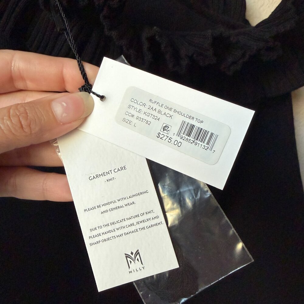 NWT Milly Black One Shoulder Ruffle Top Size L - Picture 3 of 6